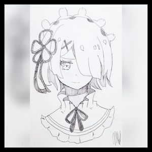 Rem from re:zero ball point pen lineart drawing